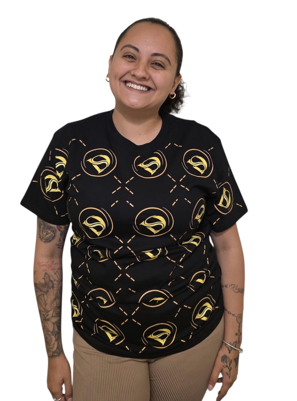 Black t shirt with gold all over logo print