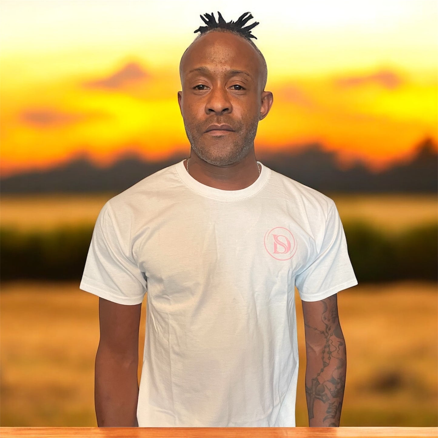 unisex white t-shirt with pink printed logo