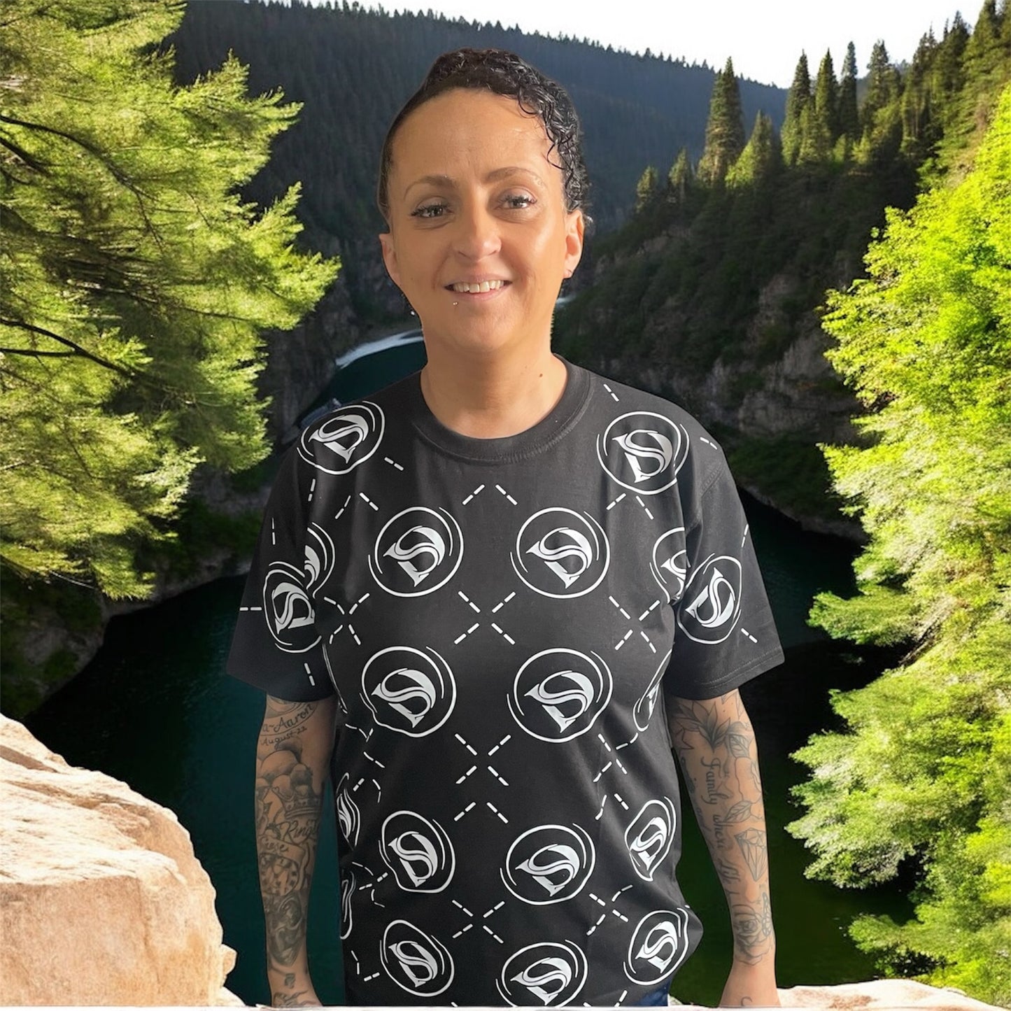 Black unisex t-shirt with all over white print