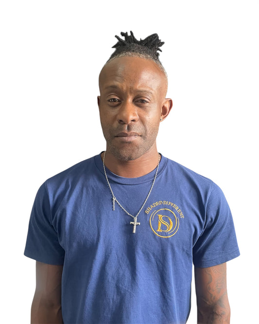 Unisex blue t shirt with gold embroidery logo