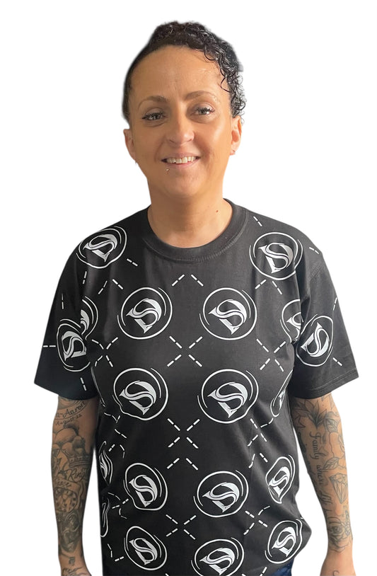 Black unisex t-shirt with all over white print