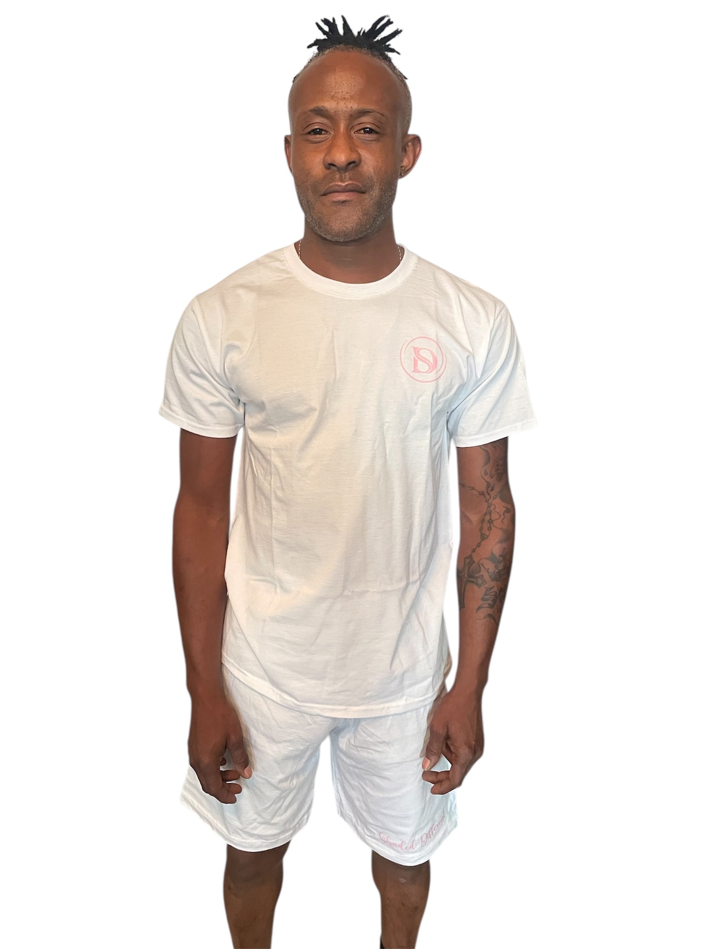 Male White t-shirt & short set with pink logo