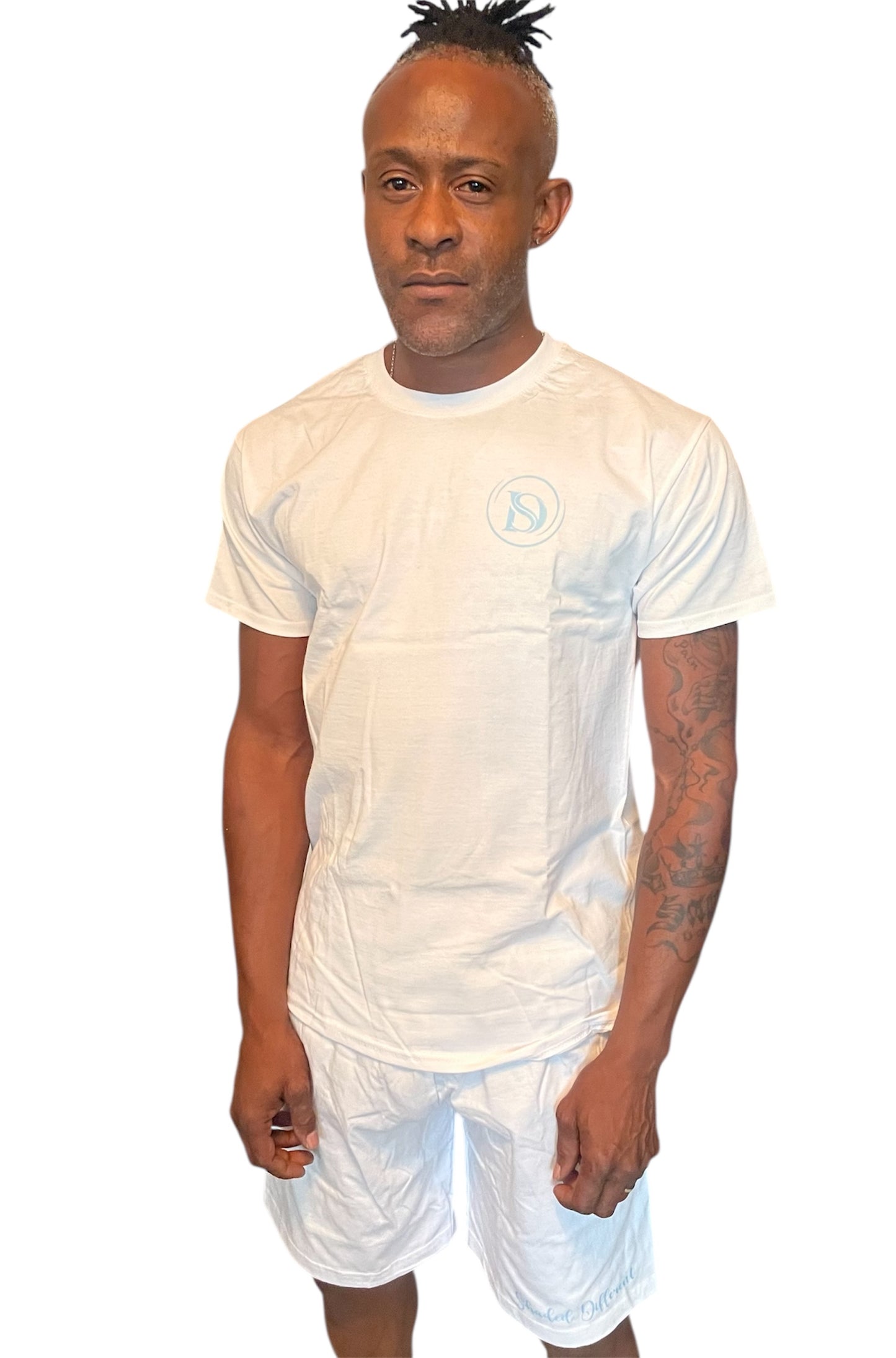 white t-shirt & short set with blue logo