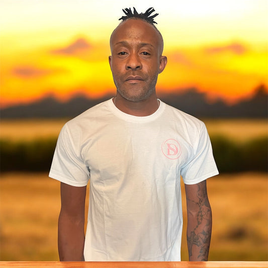 unisex white t-shirt with pink printed logo
