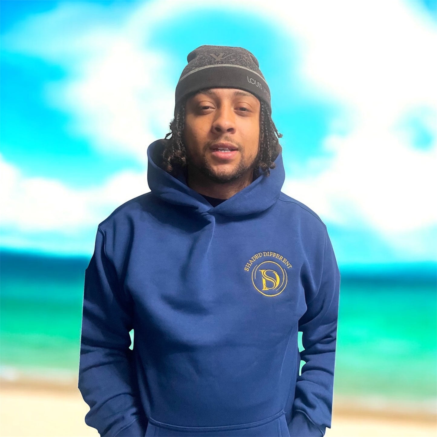 Blue hoodies with gold embroidery logo