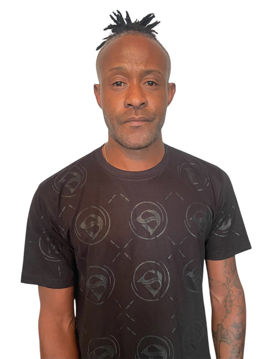 Unisex black t-shirt with light black all over logo print