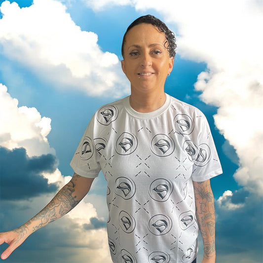 Unisex white t -shirt with all over black logo print